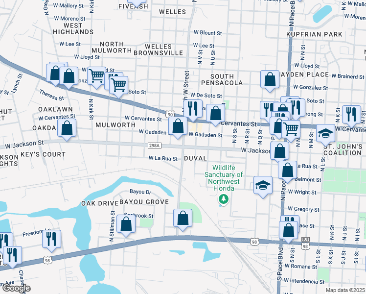 map of restaurants, bars, coffee shops, grocery stores, and more near W Jackson St & N W St in West Pensacola