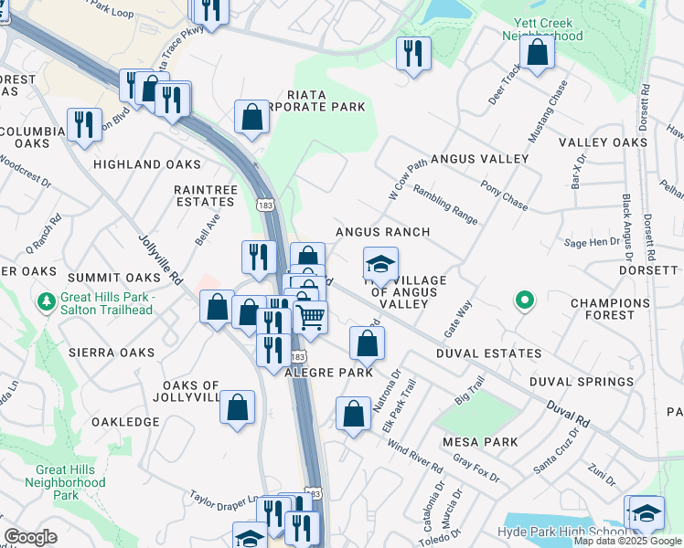 map of restaurants, bars, coffee shops, grocery stores, and more near 5310 Duval Road in Austin