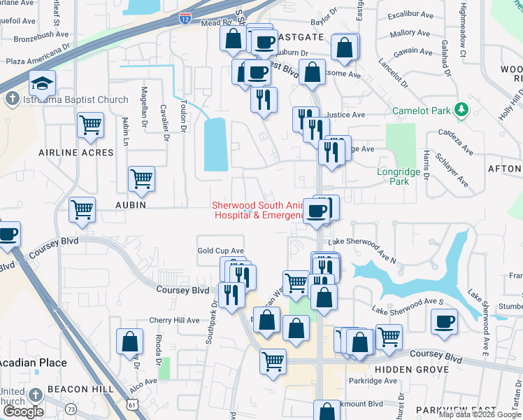 map of restaurants, bars, coffee shops, grocery stores, and more near 11585 Lake Sherwood Avenue North in Baton Rouge