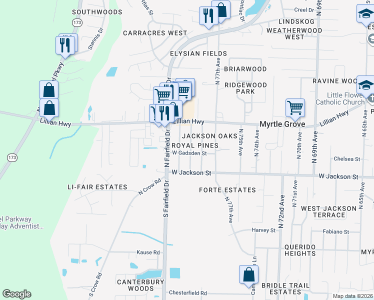 map of restaurants, bars, coffee shops, grocery stores, and more near 707 North 79th Avenue in Pensacola