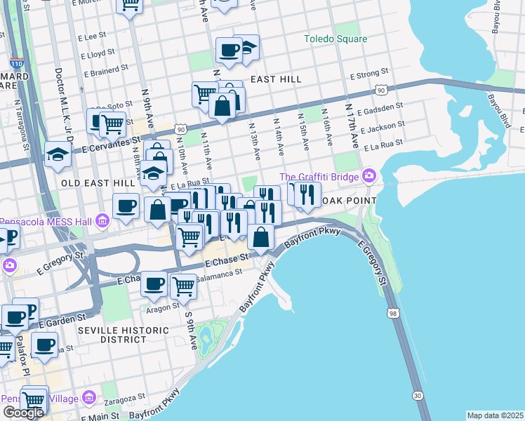 map of restaurants, bars, coffee shops, grocery stores, and more near 1189-1399 East Heinberg Street in Pensacola