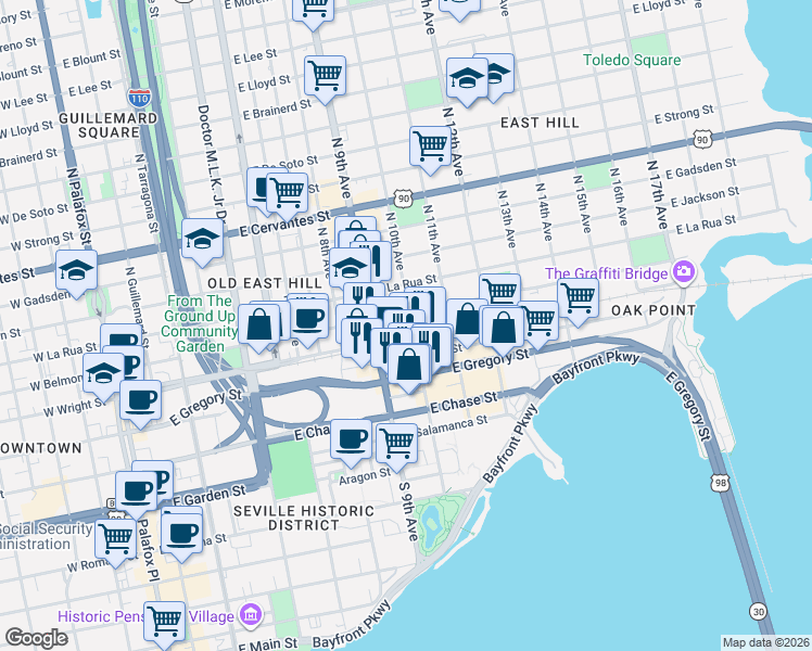 map of restaurants, bars, coffee shops, grocery stores, and more near 412 North 9th Avenue in Pensacola