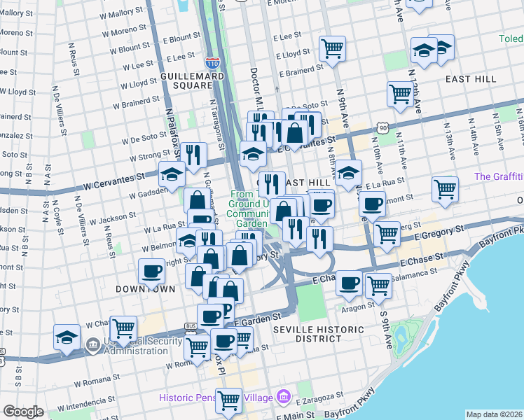 map of restaurants, bars, coffee shops, grocery stores, and more near 200 East Belmont Street in Pensacola