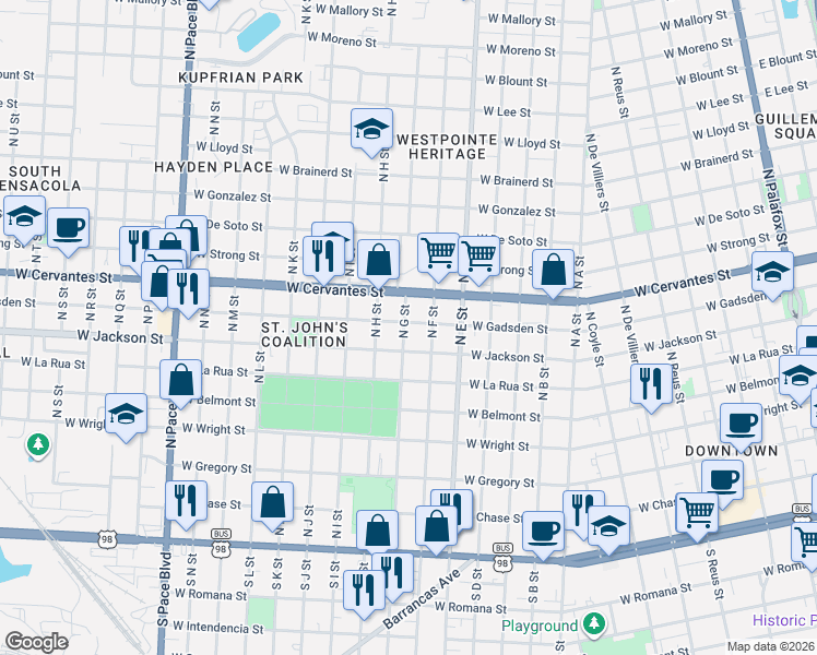 map of restaurants, bars, coffee shops, grocery stores, and more near 1300 West Jackson Street in Pensacola