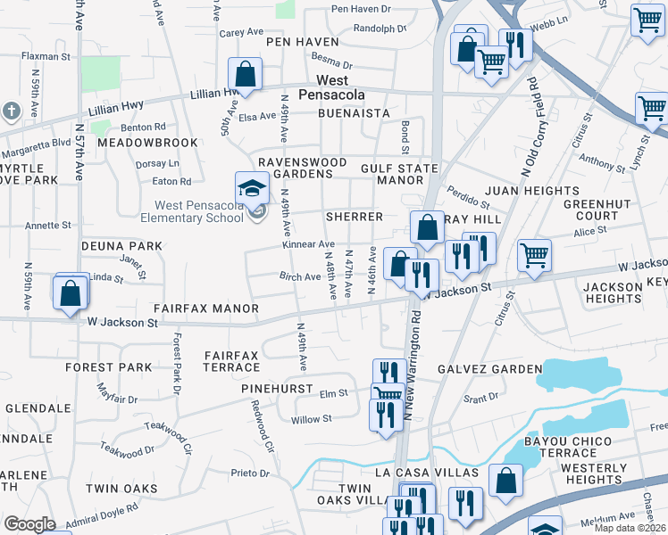 map of restaurants, bars, coffee shops, grocery stores, and more near 611 North 47th Avenue in Pensacola