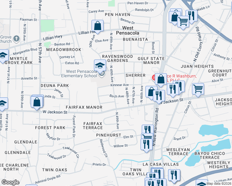 map of restaurants, bars, coffee shops, grocery stores, and more near 4903 Birch Avenue in Pensacola