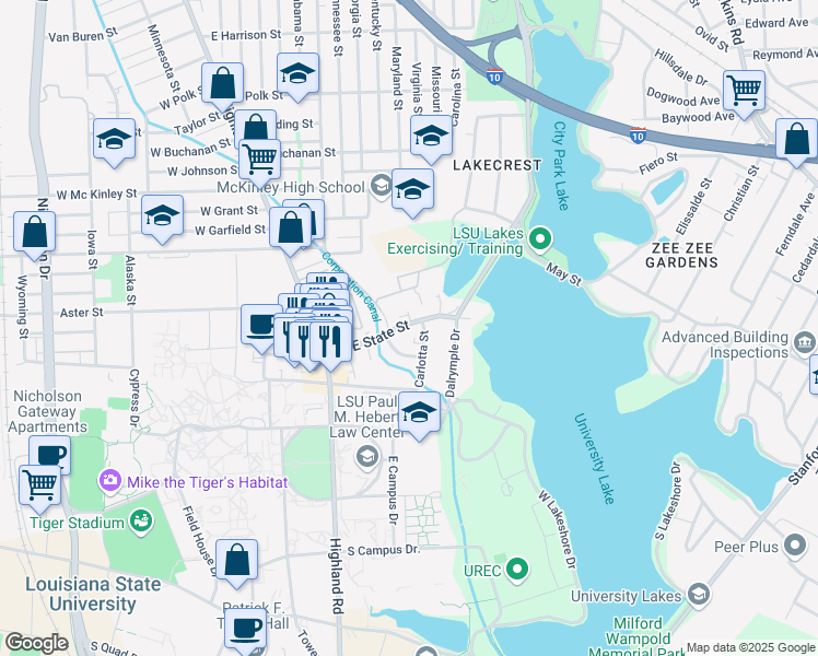 map of restaurants, bars, coffee shops, grocery stores, and more near 3270 Carlotta Street in Baton Rouge