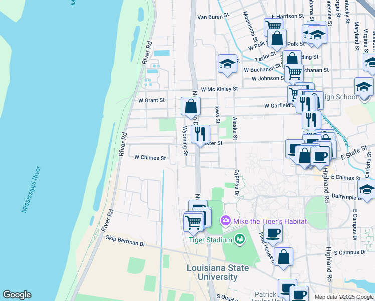 map of restaurants, bars, coffee shops, grocery stores, and more near 3390 Nicholson Drive in Baton Rouge