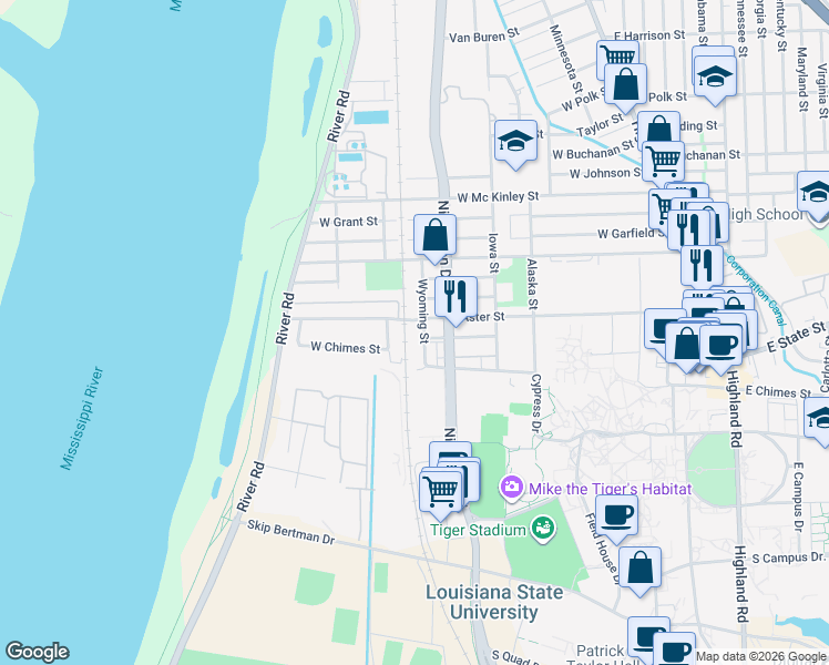 map of restaurants, bars, coffee shops, grocery stores, and more near 1147 West Chimes Street in Baton Rouge