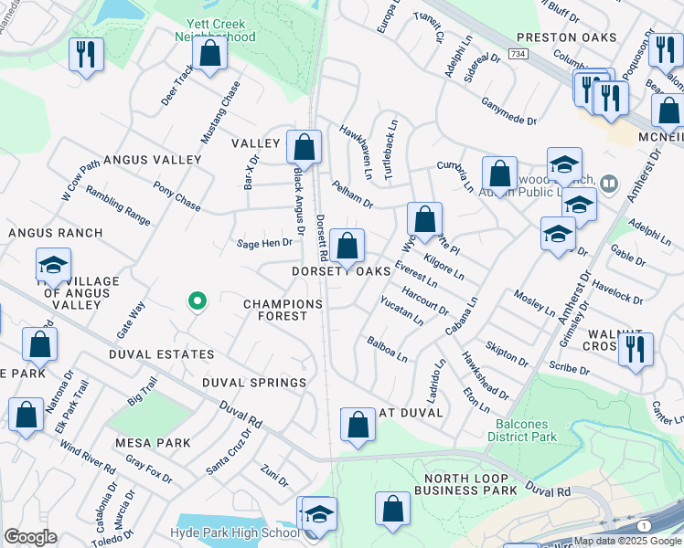 map of restaurants, bars, coffee shops, grocery stores, and more near 12104 Arrowwood Drive in Austin