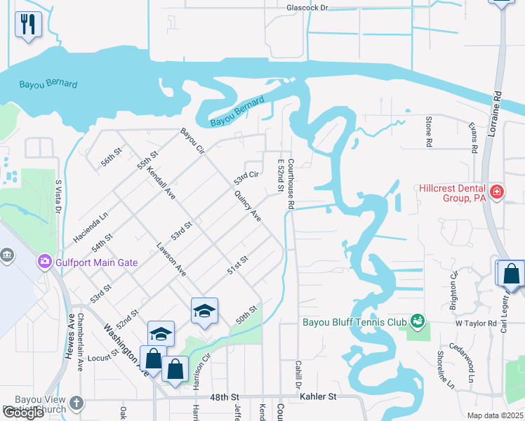 map of restaurants, bars, coffee shops, grocery stores, and more near 5107 Quincy Avenue in Gulfport