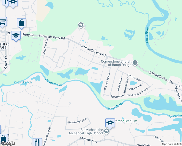 map of restaurants, bars, coffee shops, grocery stores, and more near 3240 Shady View Drive in Baton Rouge