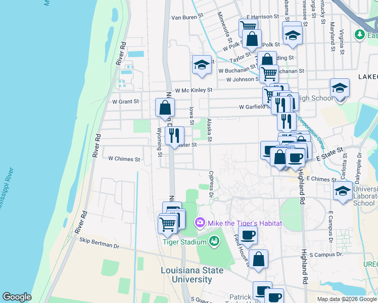 map of restaurants, bars, coffee shops, grocery stores, and more near 814 Geranium Street in Baton Rouge