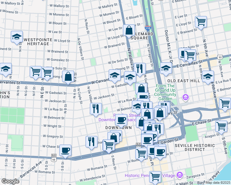 map of restaurants, bars, coffee shops, grocery stores, and more near 200 West Jackson Street in Pensacola