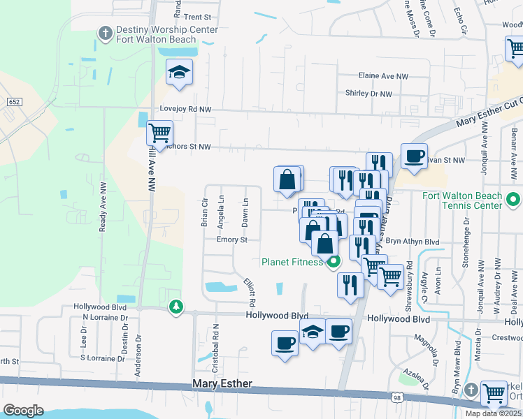 map of restaurants, bars, coffee shops, grocery stores, and more near 630 Brian Circle in Mary Esther