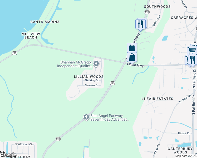 map of restaurants, bars, coffee shops, grocery stores, and more near 9106 Moroso Drive in Pensacola