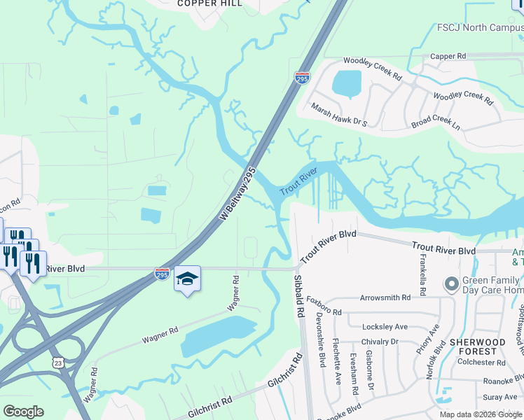 map of restaurants, bars, coffee shops, grocery stores, and more near 10019 Wagner Road in Jacksonville