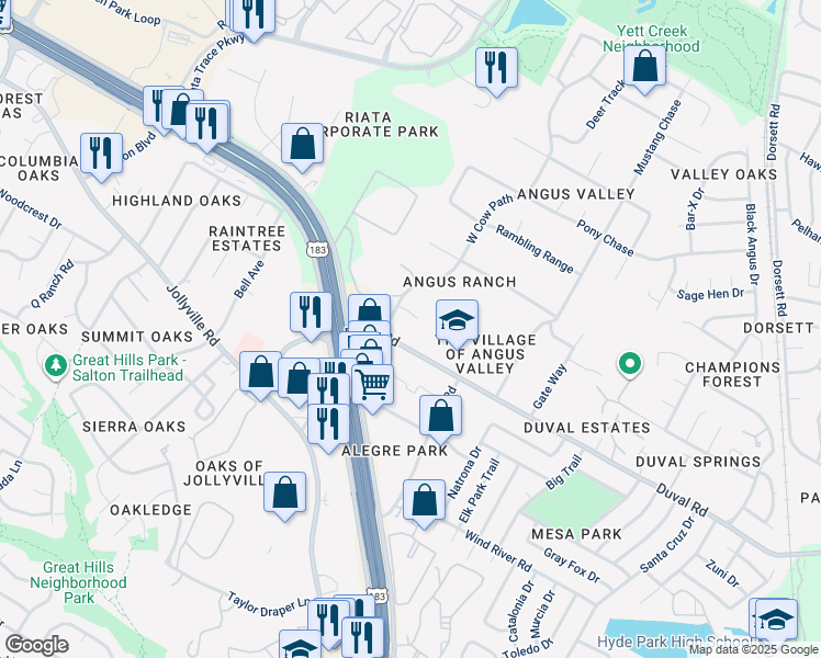 map of restaurants, bars, coffee shops, grocery stores, and more near 5310 Duval Road in Austin