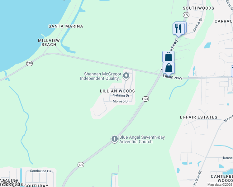 map of restaurants, bars, coffee shops, grocery stores, and more near 9130 Moroso Drive in Pensacola