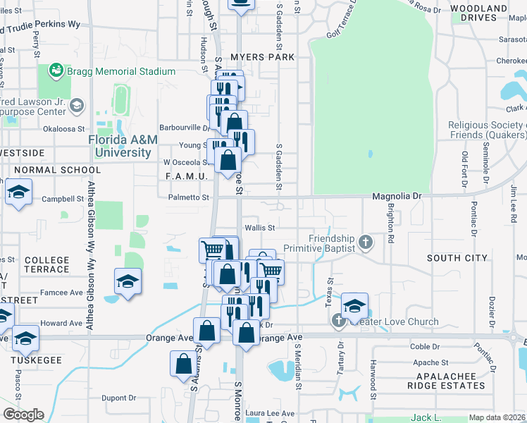 map of restaurants, bars, coffee shops, grocery stores, and more near 302 Wallis Street in Tallahassee