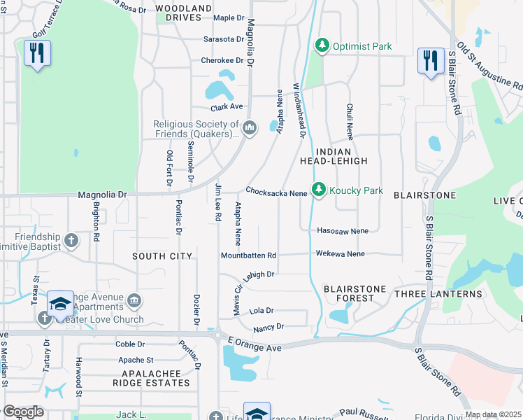 map of restaurants, bars, coffee shops, grocery stores, and more near 2309 Ohbah Nene in Tallahassee