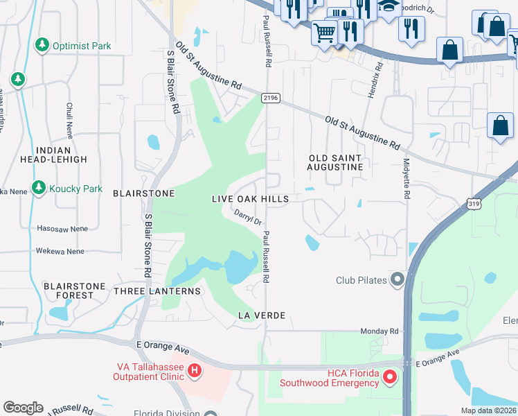 map of restaurants, bars, coffee shops, grocery stores, and more near 1943 Darryl Drive in Tallahassee