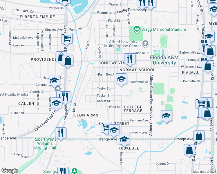 map of restaurants, bars, coffee shops, grocery stores, and more near 2218 Saxon Street in Tallahassee