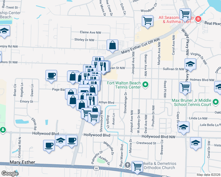 map of restaurants, bars, coffee shops, grocery stores, and more near 640 Cornwall Terrace in Mary Esther