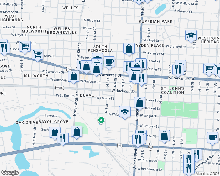 map of restaurants, bars, coffee shops, grocery stores, and more near 10 Boland Place in Pensacola