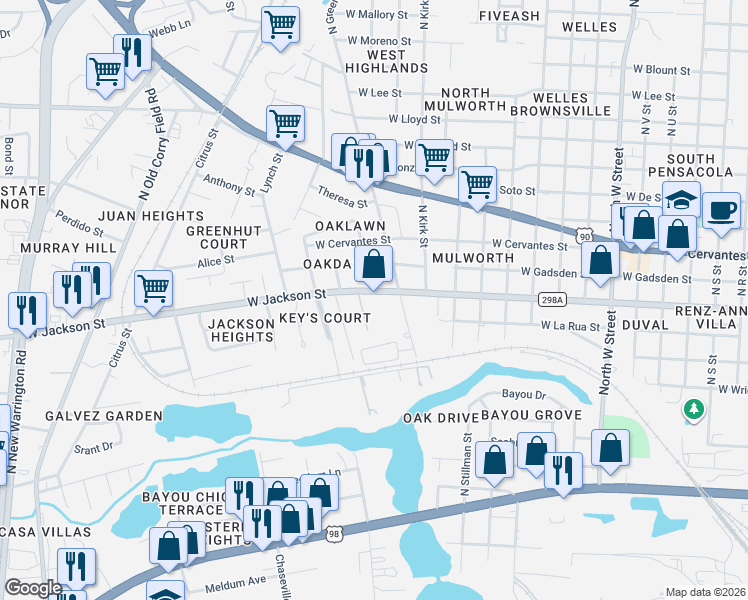 map of restaurants, bars, coffee shops, grocery stores, and more near 567 Coker Lane in Pensacola