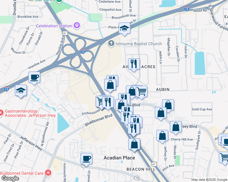 map of restaurants, bars, coffee shops, grocery stores, and more near 10289 Airline Highway in Baton Rouge