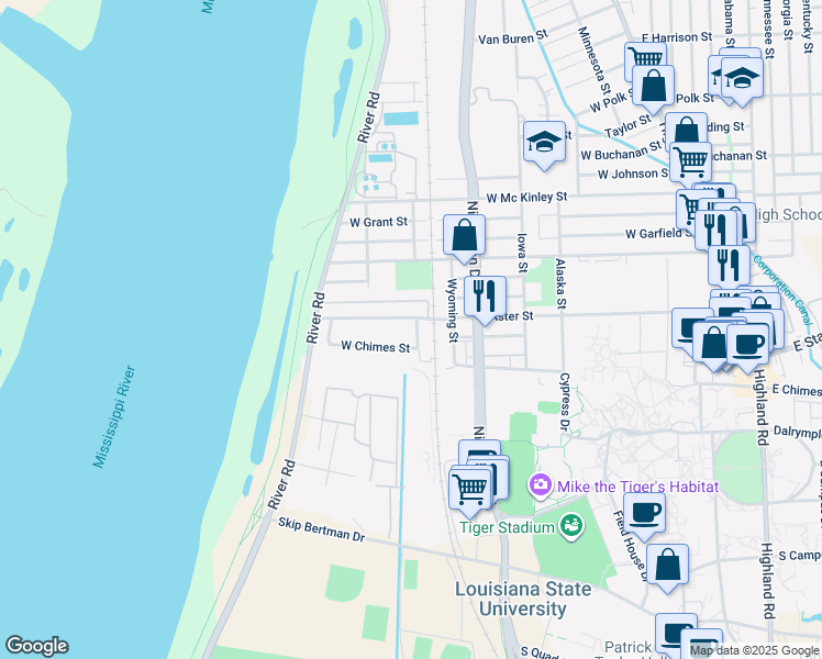 map of restaurants, bars, coffee shops, grocery stores, and more near 1147 West Chimes Street in Baton Rouge