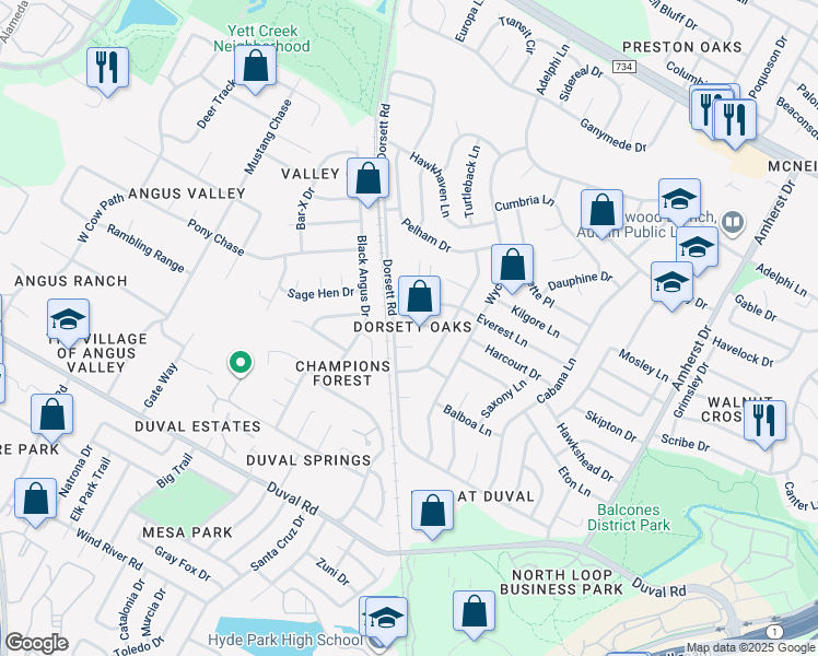 map of restaurants, bars, coffee shops, grocery stores, and more near 4507 Dorsett Oaks Circle in Austin