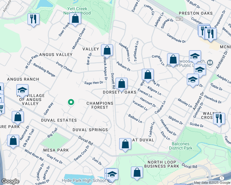 map of restaurants, bars, coffee shops, grocery stores, and more near 4507 Dorsett Oaks Circle in Austin