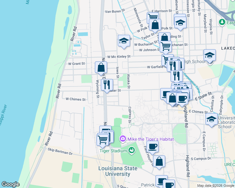 map of restaurants, bars, coffee shops, grocery stores, and more near 740 West Chimes Street in Baton Rouge
