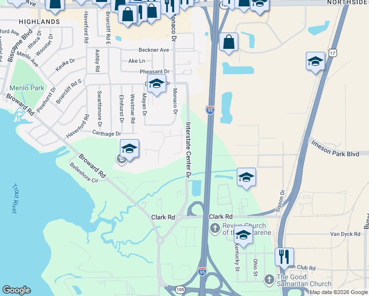 map of restaurants, bars, coffee shops, grocery stores, and more near 837-1599 Interstate Center Drive in Jacksonville
