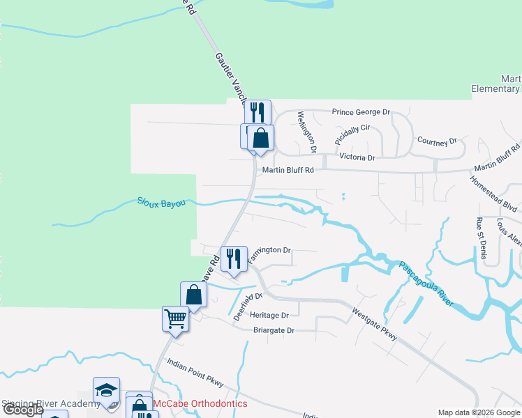 map of restaurants, bars, coffee shops, grocery stores, and more near 2321 Callie Rd in Gautier
