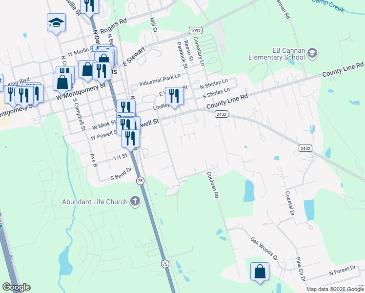 map of restaurants, bars, coffee shops, grocery stores, and more near 106 West Willwood Drive in Willis