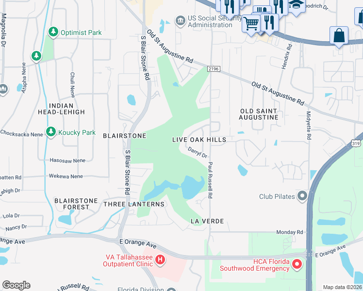 map of restaurants, bars, coffee shops, grocery stores, and more near 1818 Larette Drive in Tallahassee