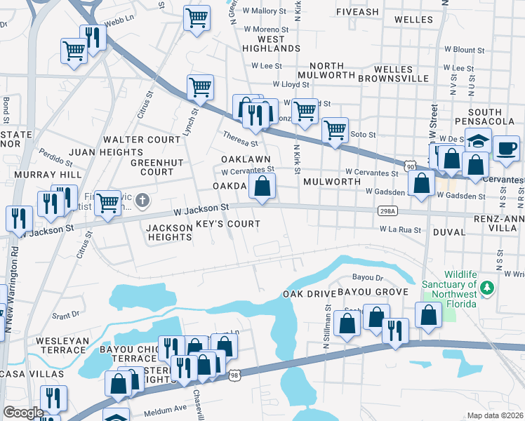 map of restaurants, bars, coffee shops, grocery stores, and more near 567 Coker Lane in Pensacola
