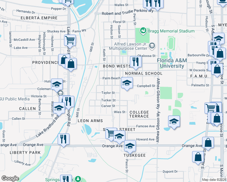map of restaurants, bars, coffee shops, grocery stores, and more near 2218 Saxon Street in Tallahassee