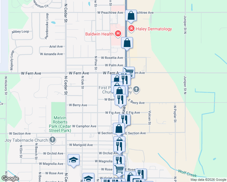 map of restaurants, bars, coffee shops, grocery stores, and more near 200 West Berry Avenue in Foley