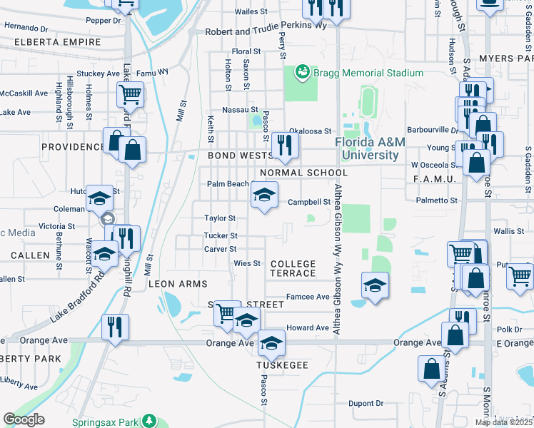 map of restaurants, bars, coffee shops, grocery stores, and more near 2204 Saxon Street in Tallahassee