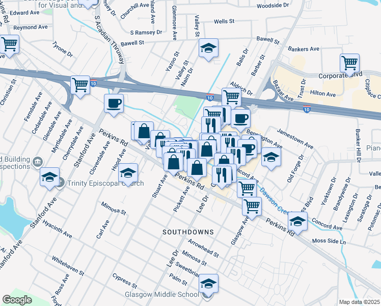map of restaurants, bars, coffee shops, grocery stores, and more near in Baton Rouge