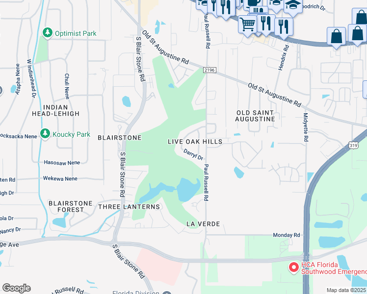 map of restaurants, bars, coffee shops, grocery stores, and more near 1875 Darryl Drive in Tallahassee