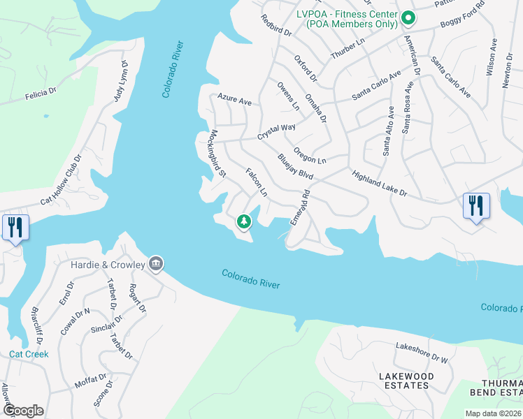 map of restaurants, bars, coffee shops, grocery stores, and more near 21606 Falcon Lane in Lago Vista