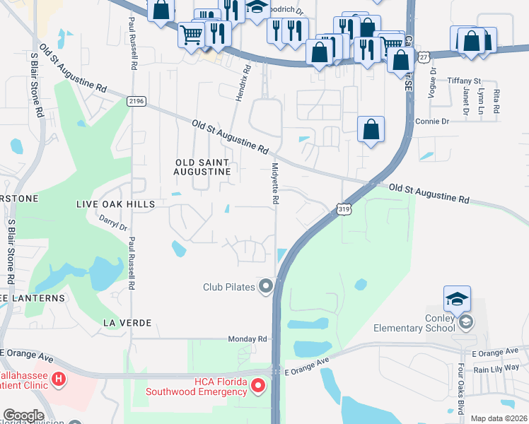 map of restaurants, bars, coffee shops, grocery stores, and more near 2014 Midyette Road in Tallahassee