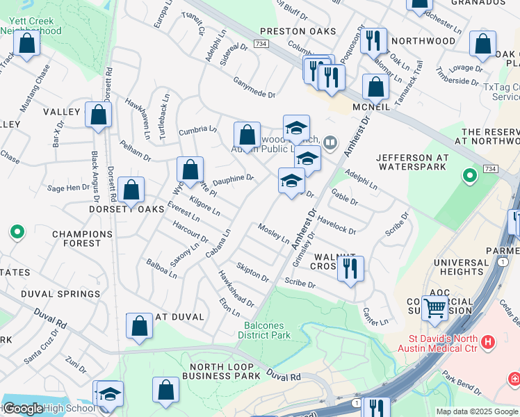 map of restaurants, bars, coffee shops, grocery stores, and more near 12305 Cabana Lane in Austin
