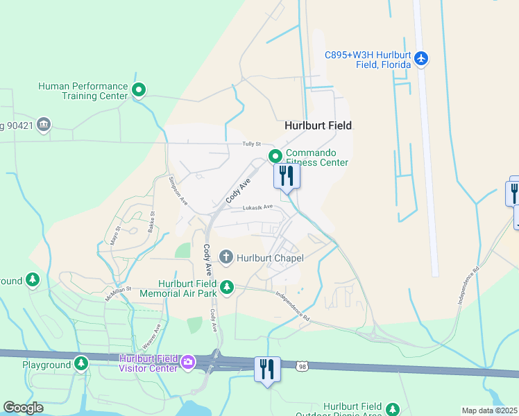 map of restaurants, bars, coffee shops, grocery stores, and more near Lukasik Avenue in Hurlburt Field