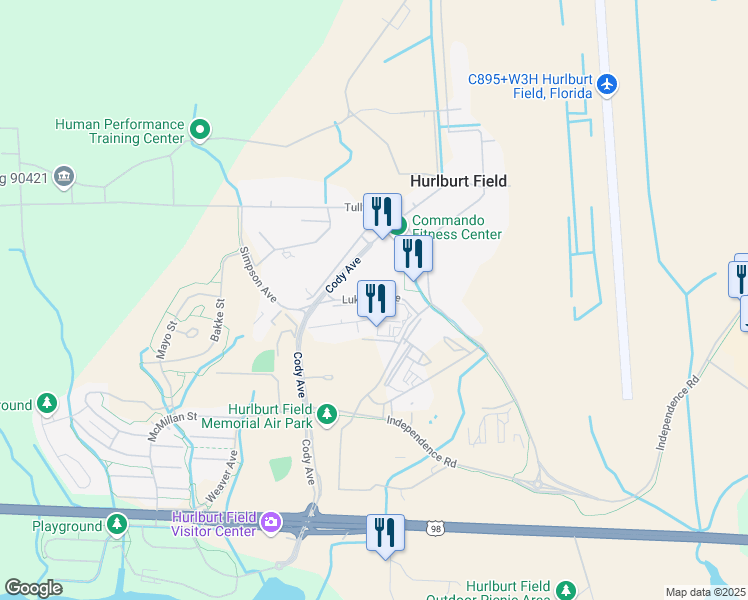 map of restaurants, bars, coffee shops, grocery stores, and more near Lukasik Avenue in Hurlburt Field
